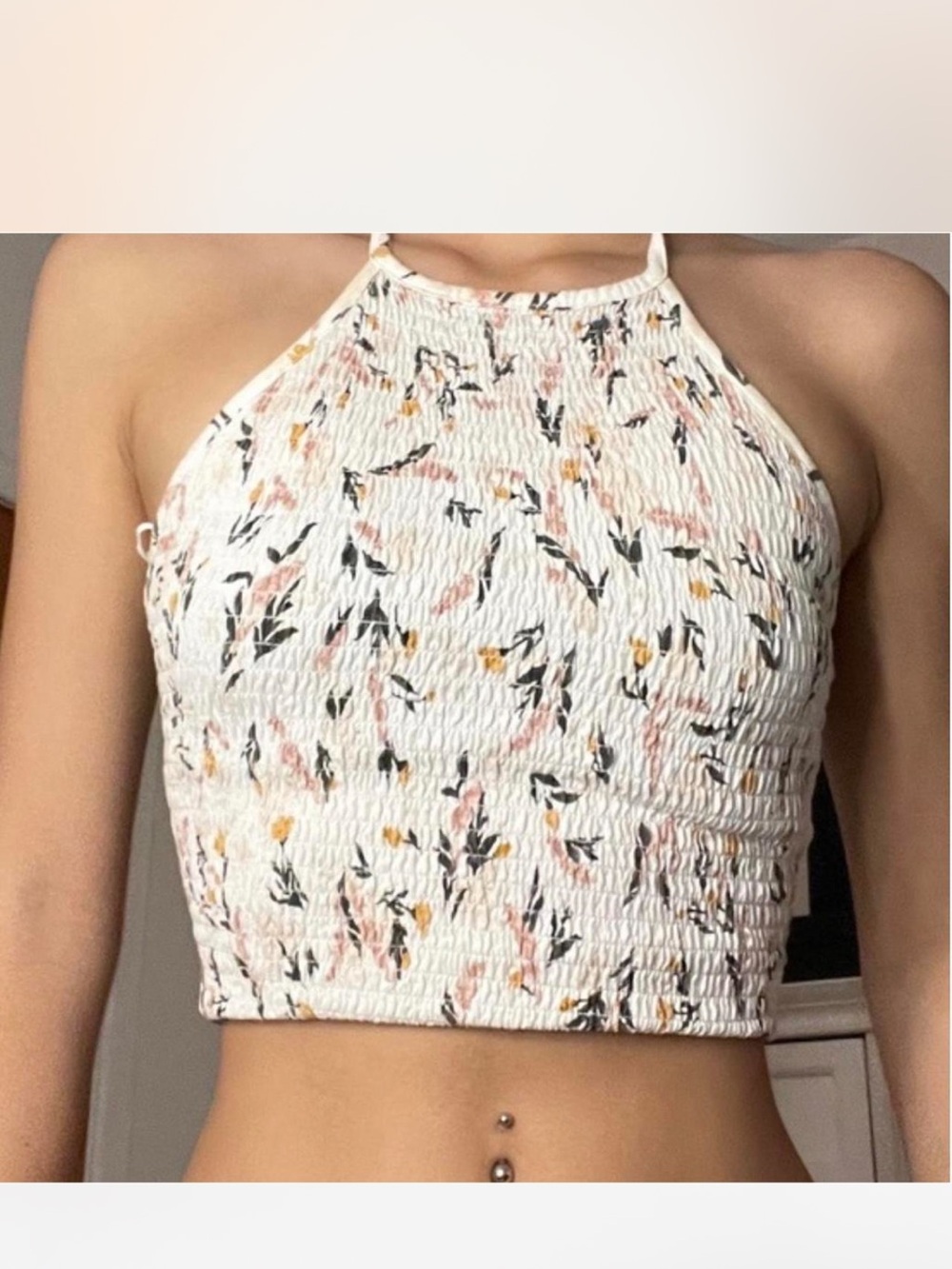 Garage White Floral Smocked Halter Crop Tank